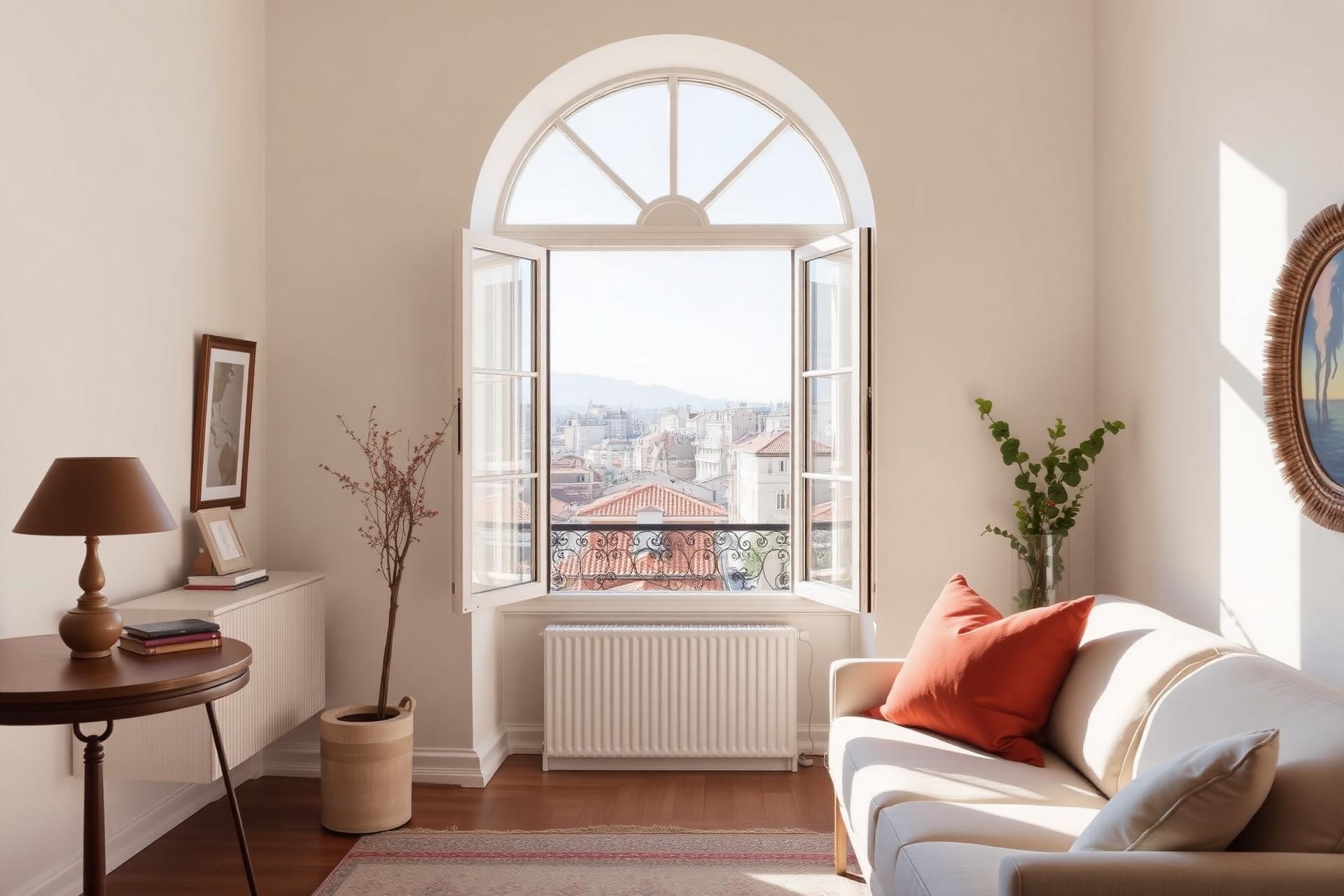 Bright boutique apartment with arched window overlooking a European city